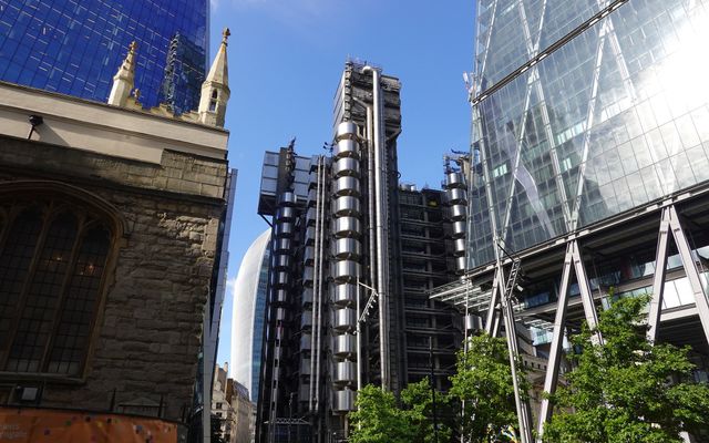 The Lloyd's building between the church of St Andrew Undershaft and the Leadenhall Building in the City of London